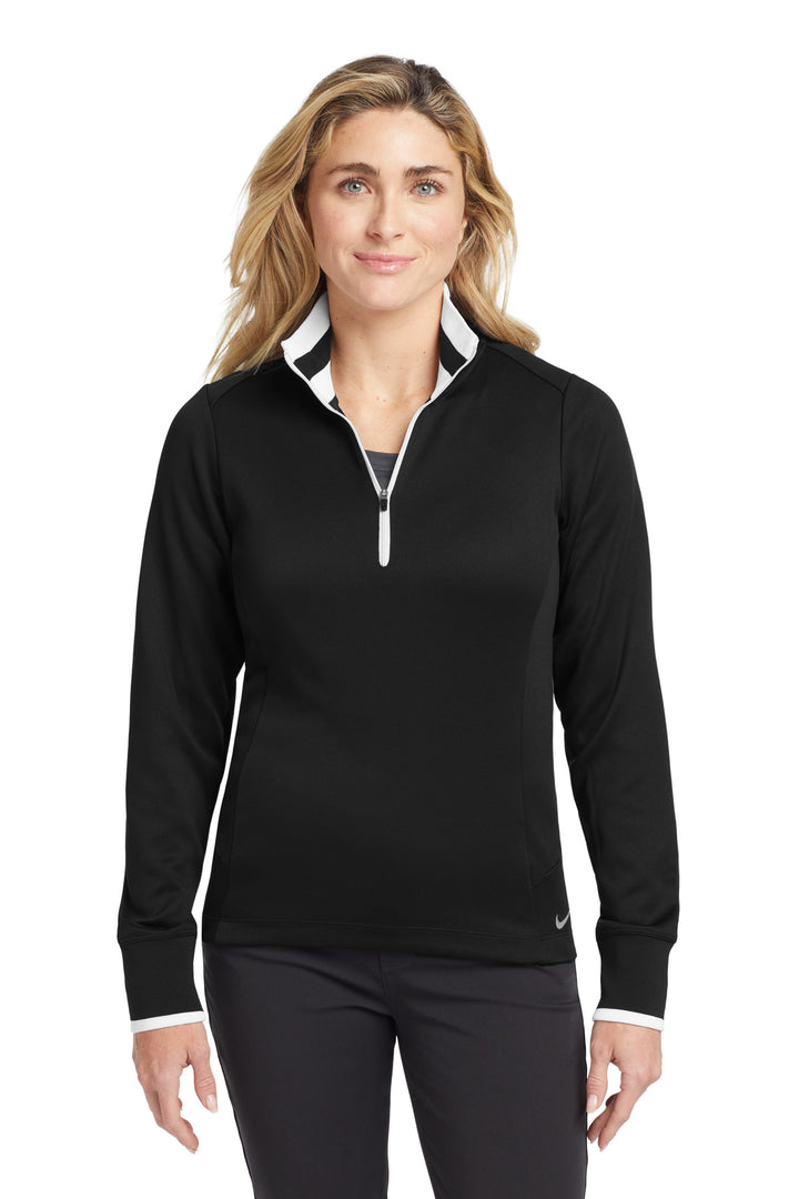 Front View of Black/White Nike Women's Dri-FIT 1/2-Zip Cover-Up. 578674