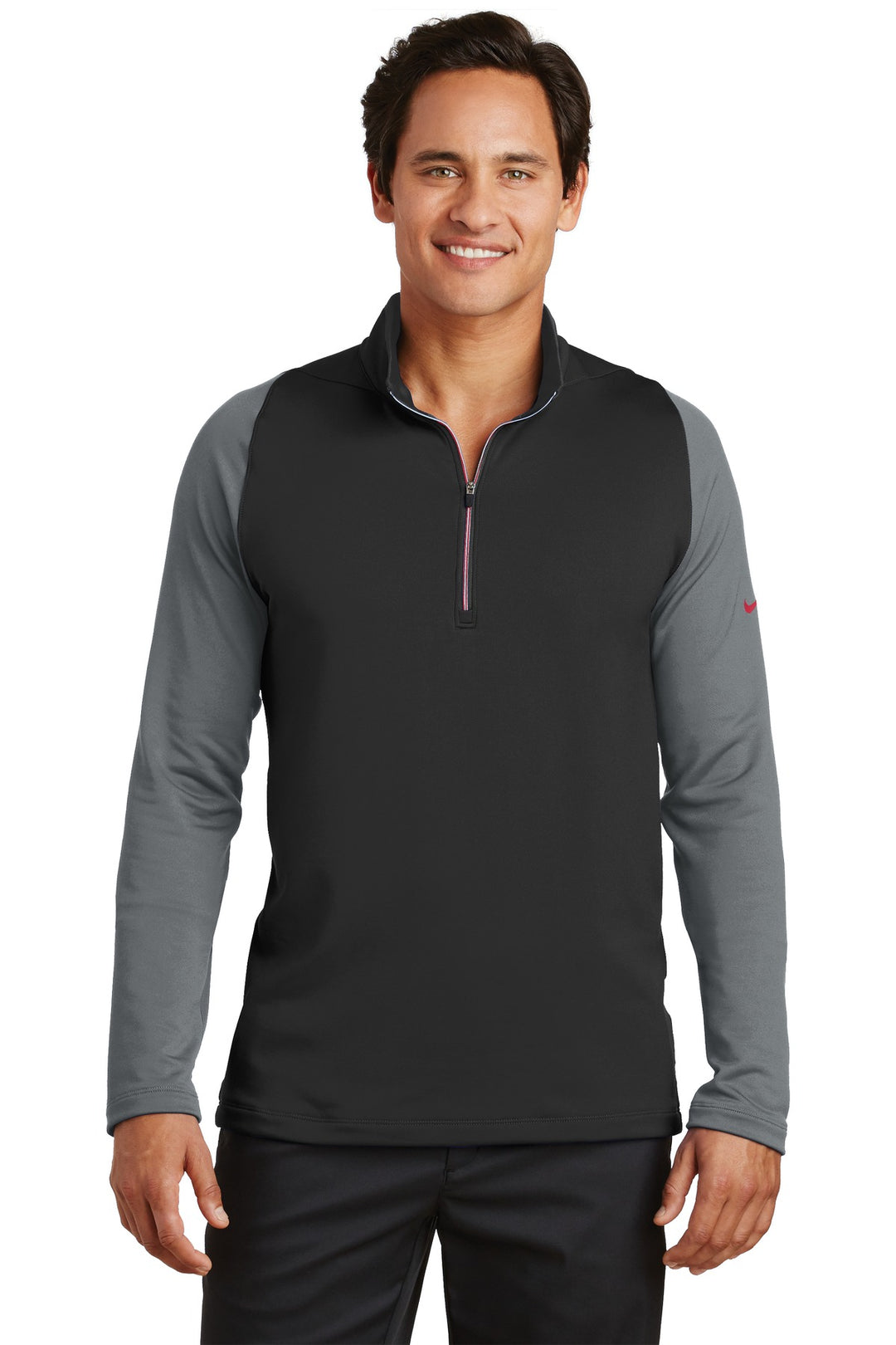 Front View of Blk/DkGy/GymRd Nike Dri-FIT Stretch 1/2-Zip Cover-Up. 779795