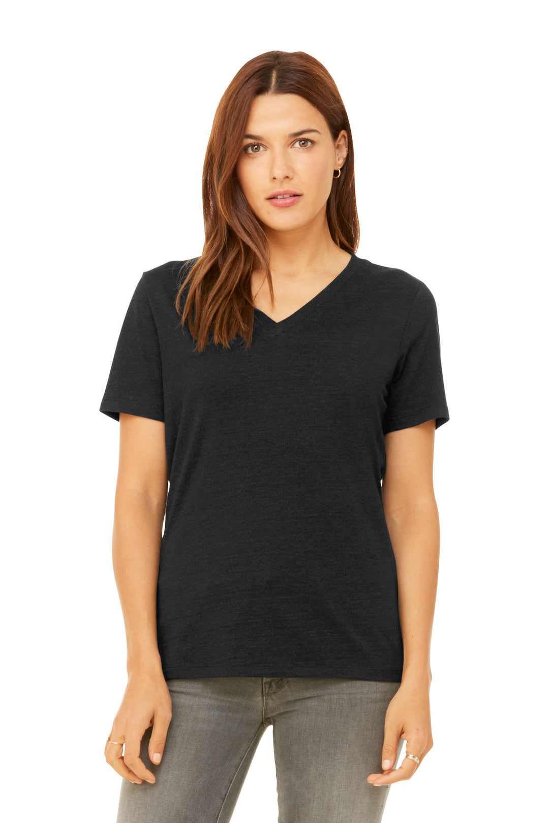 Front View of BlkHthr BELLA+CANVAS Women's Relaxed Heather CVC V-Neck Tee BC6405CVC