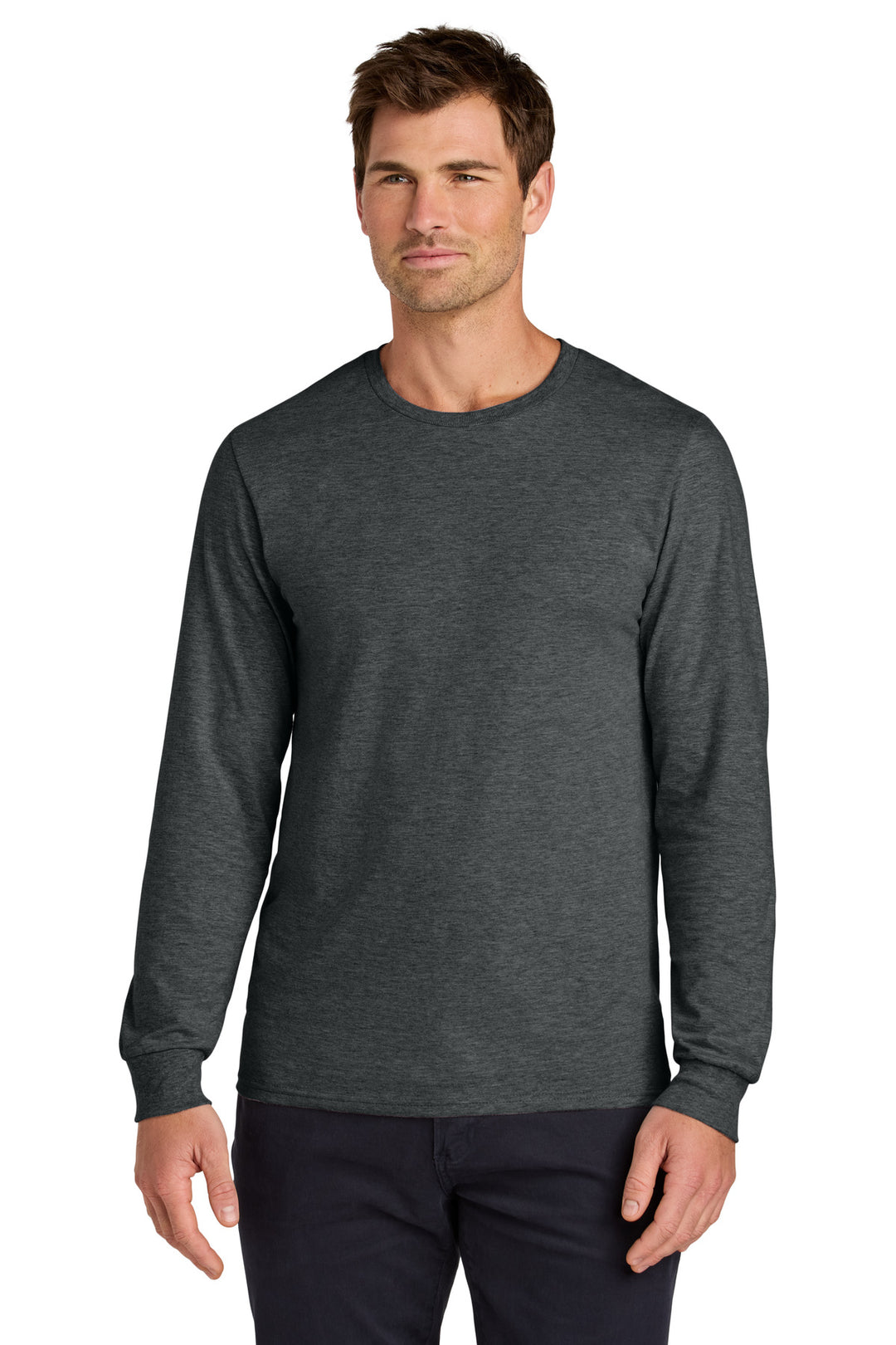 Front View of BlkHthr Jerzees Classics Unisex Cotton Long Sleeve T-Shirt 363L