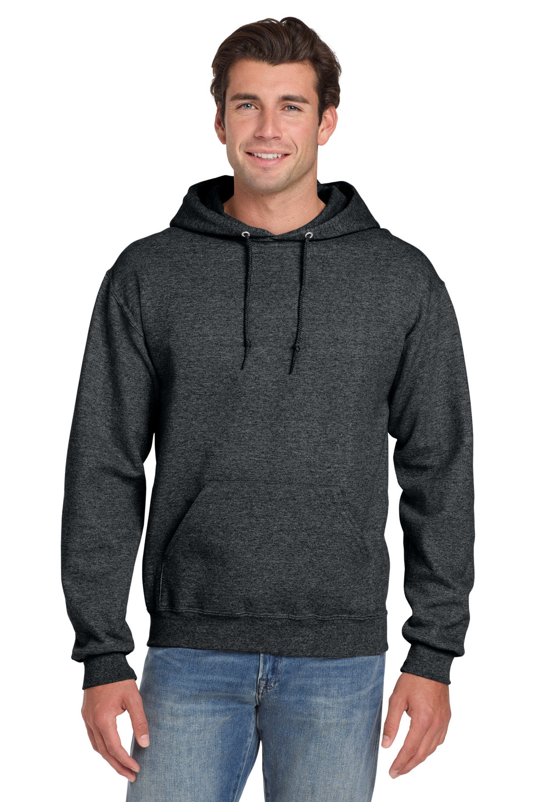 Front View of BlkHthr Jerzees Super Sweats NuBlend - Pullover Hooded Sweatshirt. 4997M