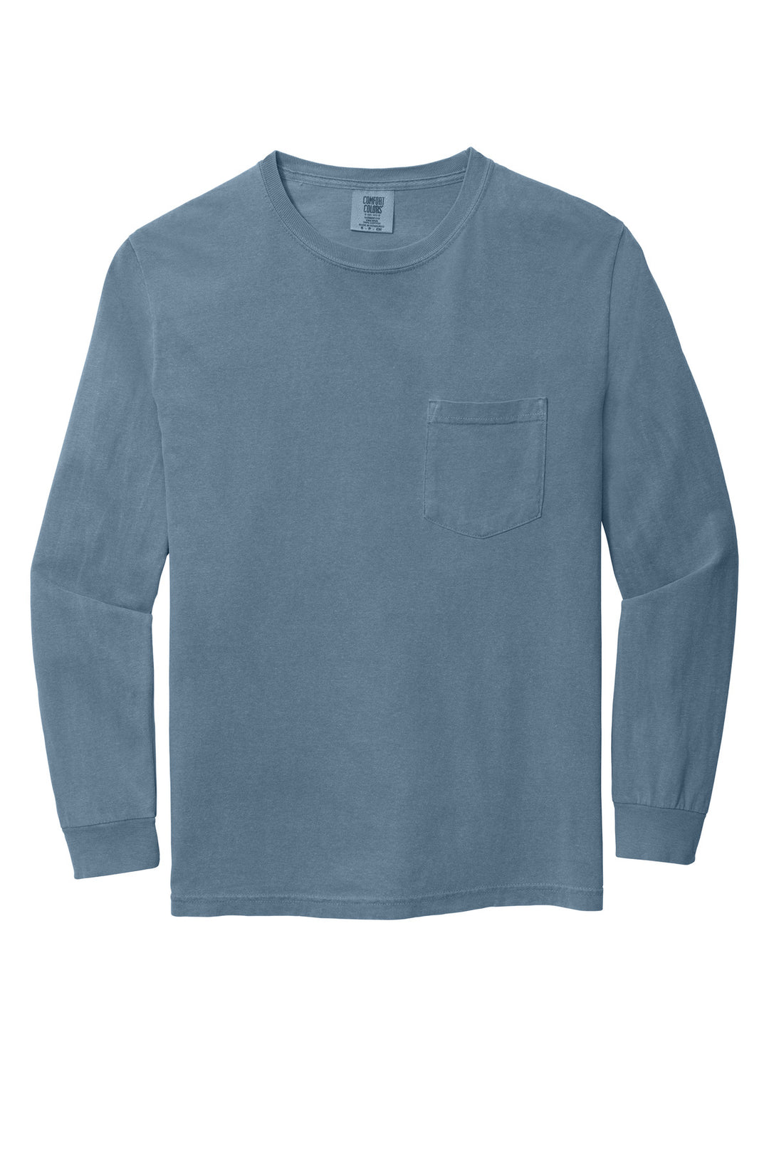 Front View of Blue Jean COMFORT COLORS Heavyweight Ring Spun Long Sleeve Pocket Tee. 4410