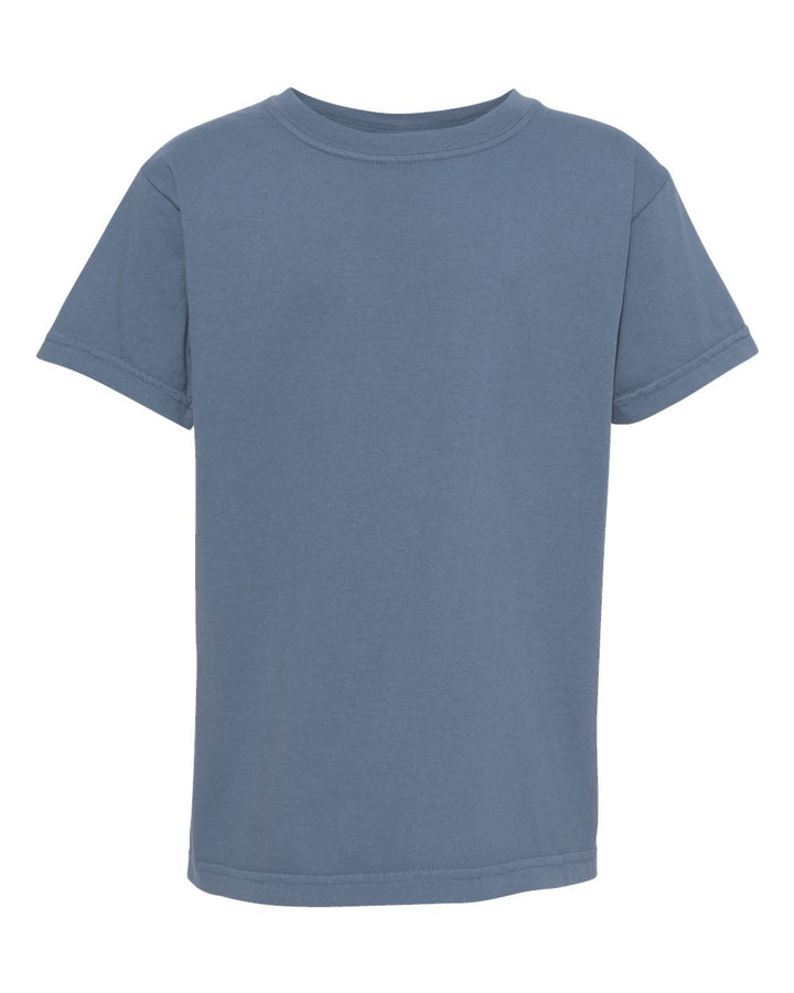 Front View of Blue Jean Garment-Dyed Youth Heavyweight T-Shirt - 9018
