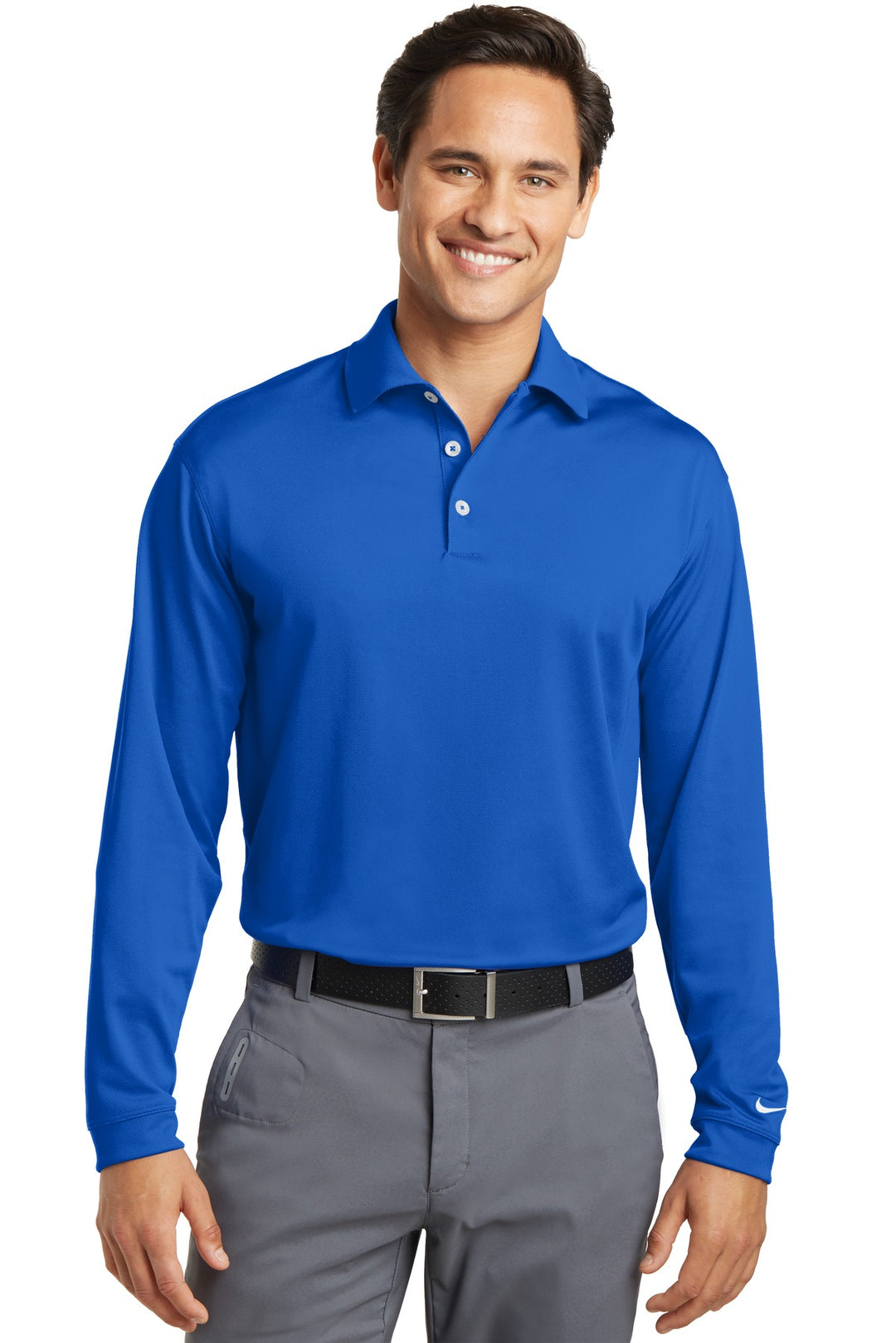 Front View of Blue Sapphire Nike Long Sleeve Dri-FIT Stretch Tech Polo. 466364