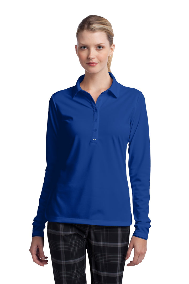 Front View of Blue Sapphire Nike Women's Long Sleeve Dri-FIT Stretch Tech Polo. 545322