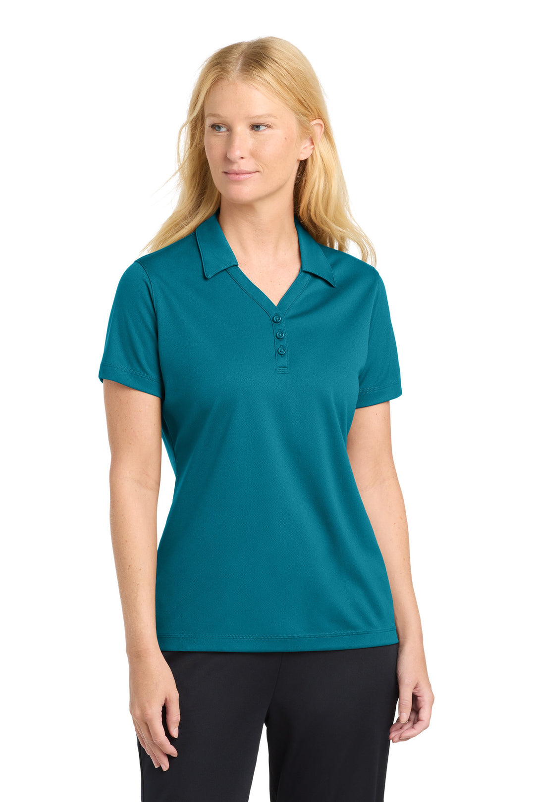 Front View of Blue Wake Sport-Tek Women's PosiCharge Micro-Mesh Polo. LST680
