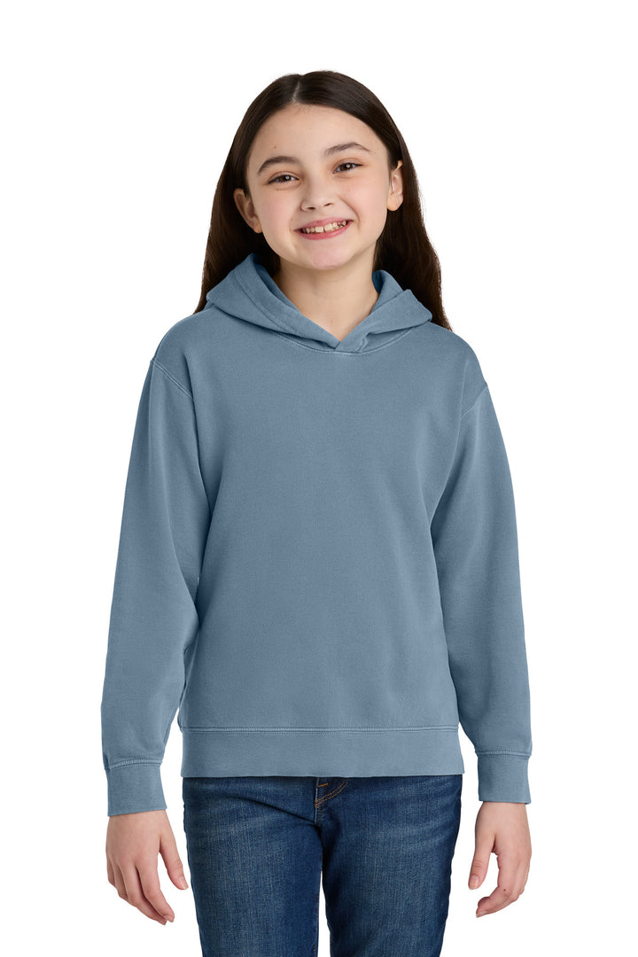 Front View of BlueJean Comfort Colors Youth Lightweight Hooded Sweatshirt 1467Y