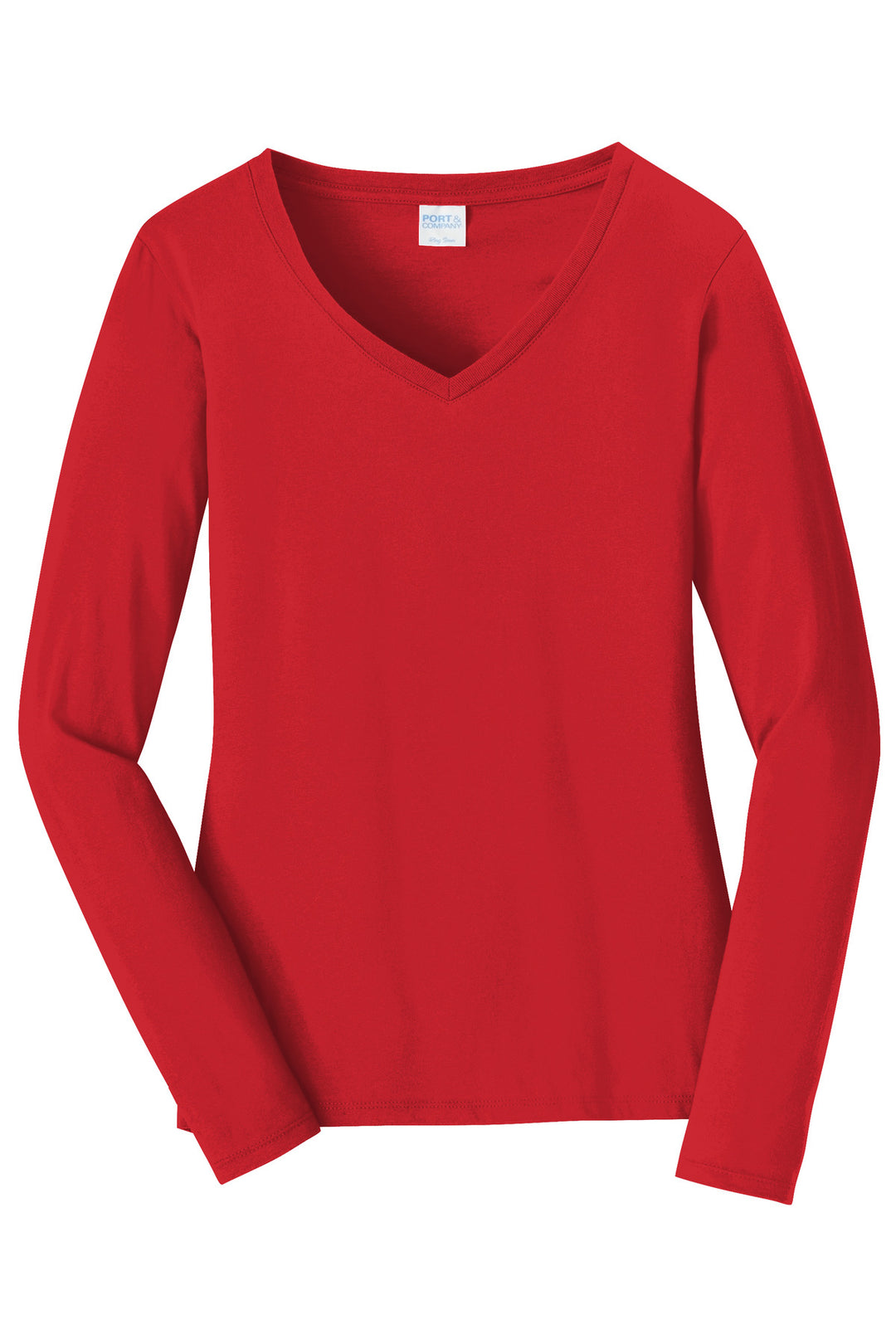 Front View of Bright Red Port & Company Women's Long Sleeve Fan Favorite V-Neck Tee. LPC450VLS