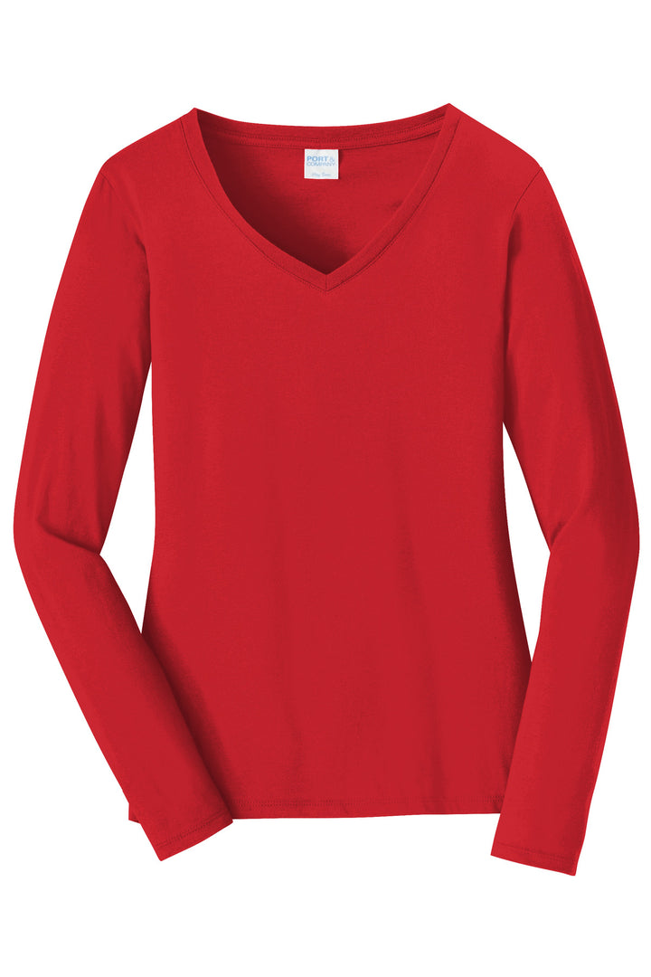 Front View of Bright Red Port & Company Women's Long Sleeve Fan Favorite V-Neck Tee. LPC450VLS