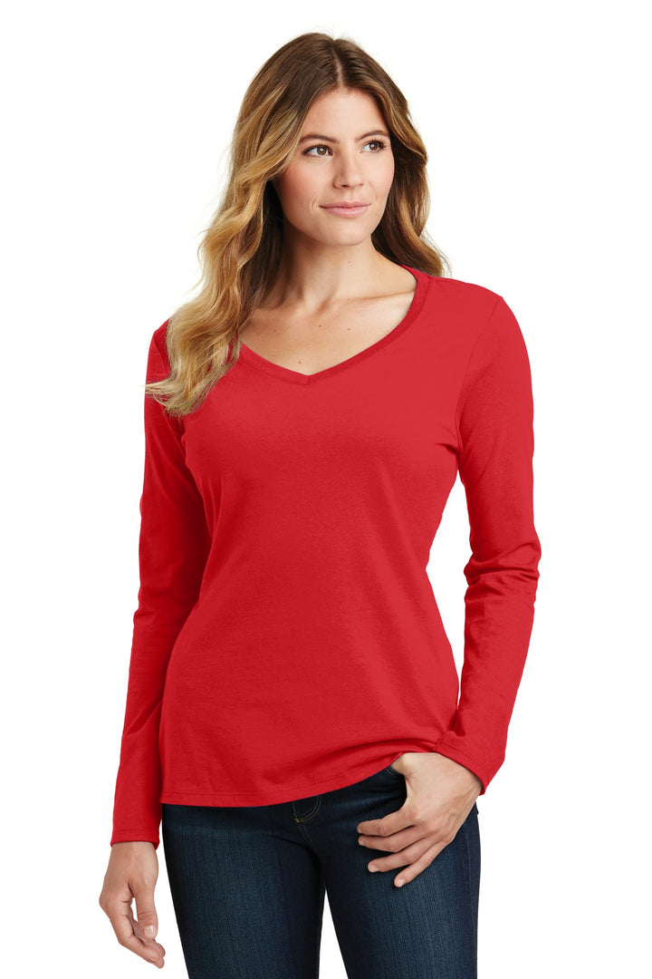 Front View of Bright Red Port & Company Women's Long Sleeve Fan Favorite V-Neck Tee. LPC450VLS