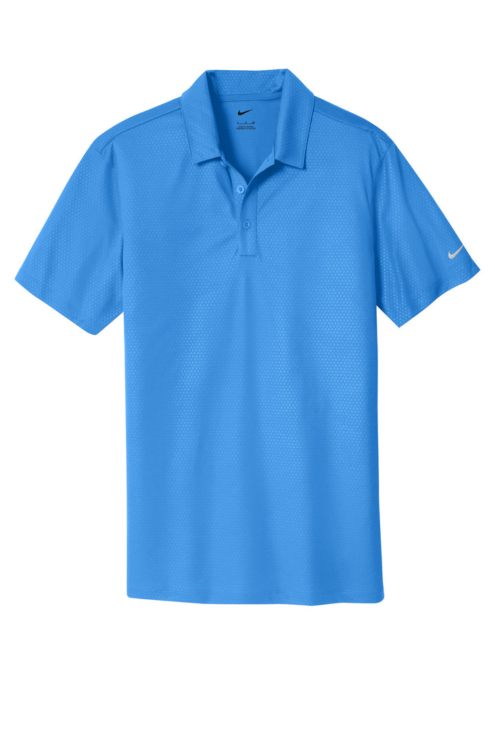 Front View of Brisk Blue Nike Dri-FIT Embossed Tri-Blade Polo. 838964