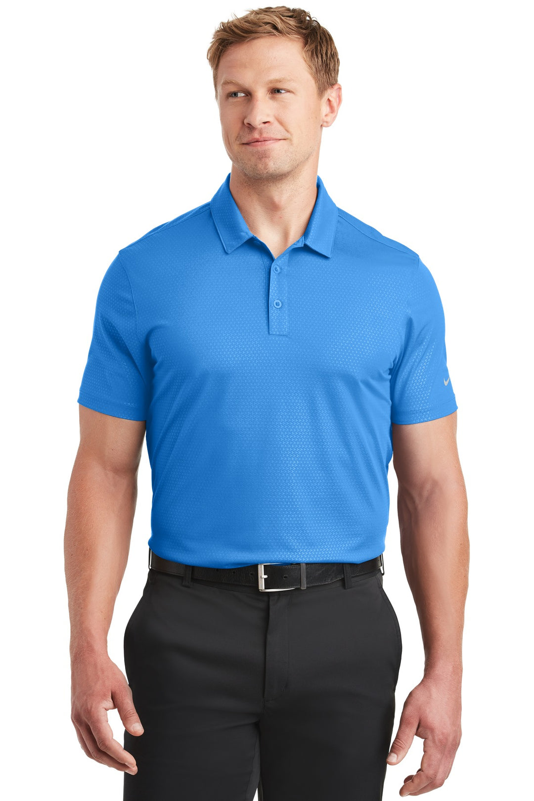Front View of Brisk Blue Nike Dri-FIT Embossed Tri-Blade Polo. 838964