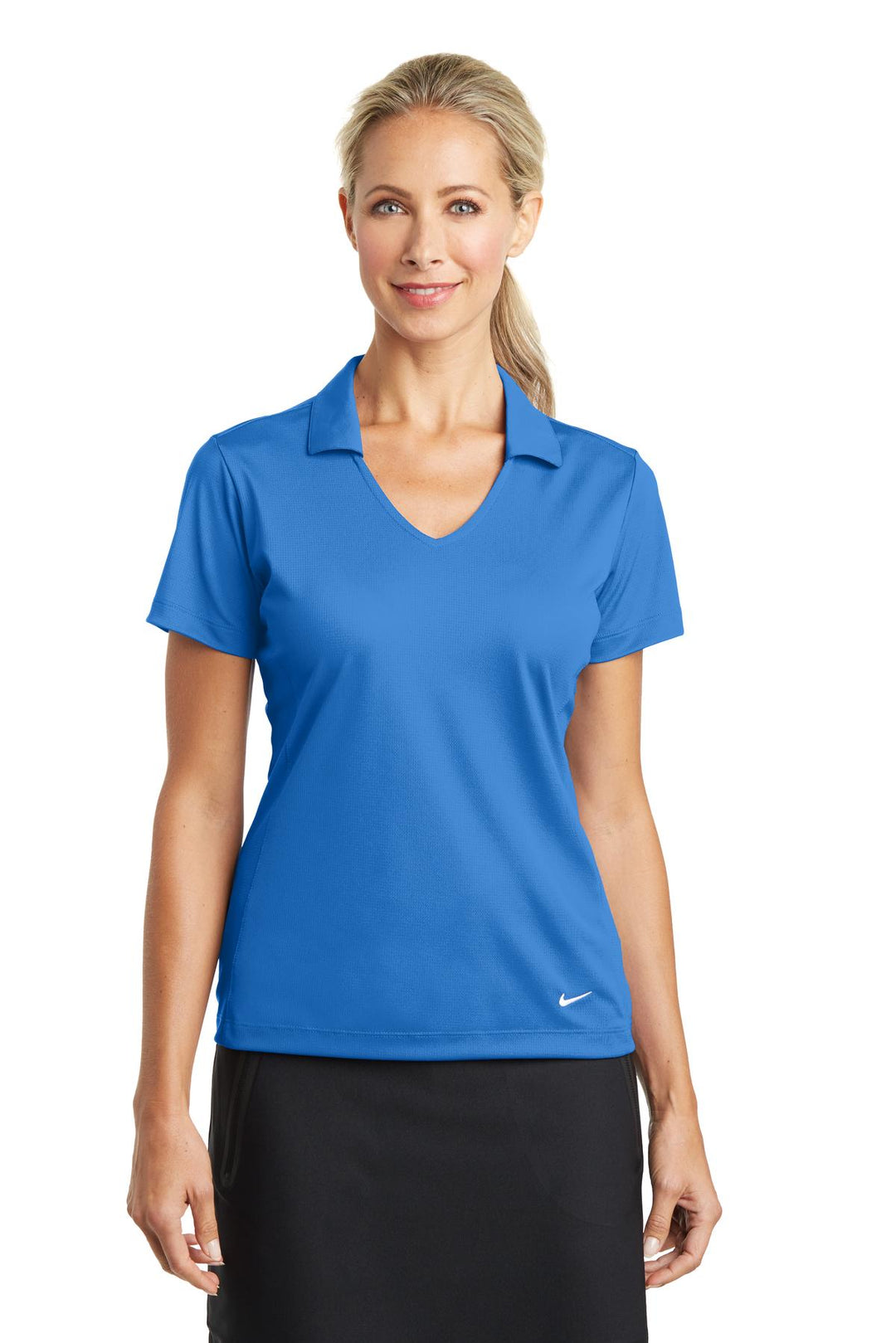 Front View of Brisk Blue Nike Women's Dri-FIT Vertical Mesh Polo. 637165