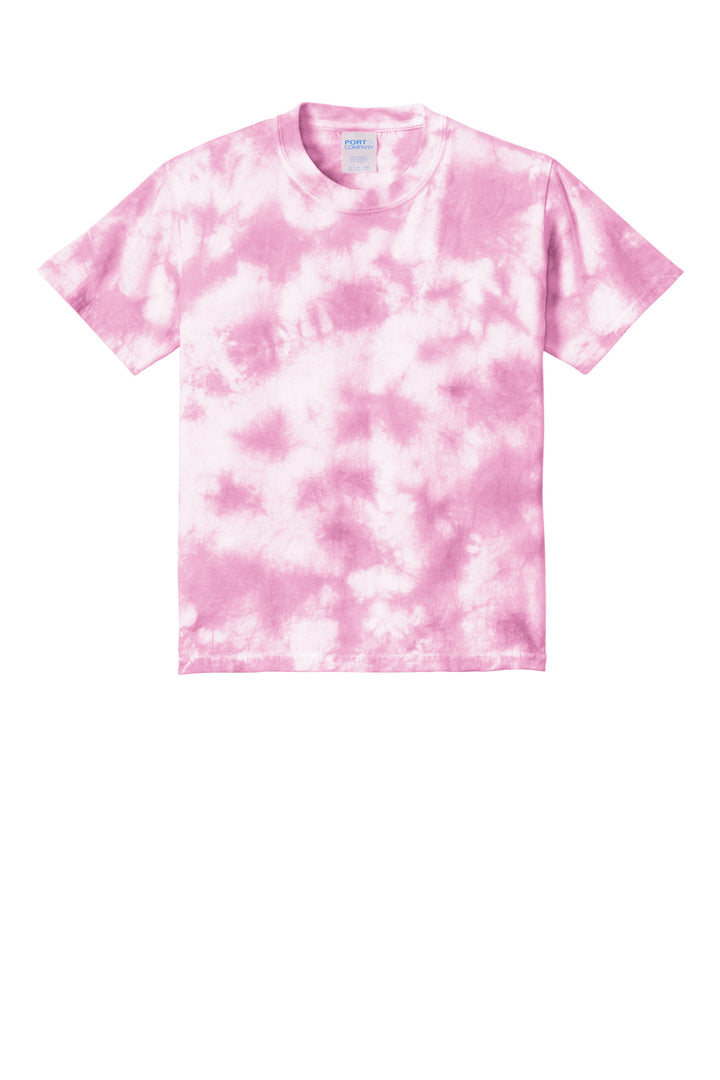 Front View of BrtPink Port & Company Youth Crystal Tie-Dye Tee PC145Y