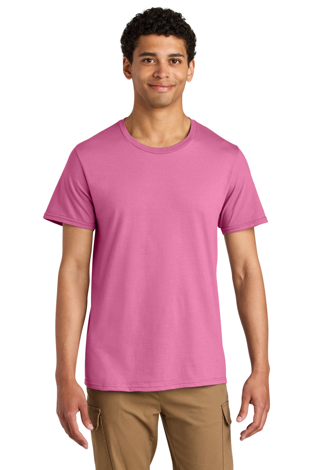 Front View of Bubblegum Jerzees Unisex Premium Combed Ring Spun Cotton Tee 570M