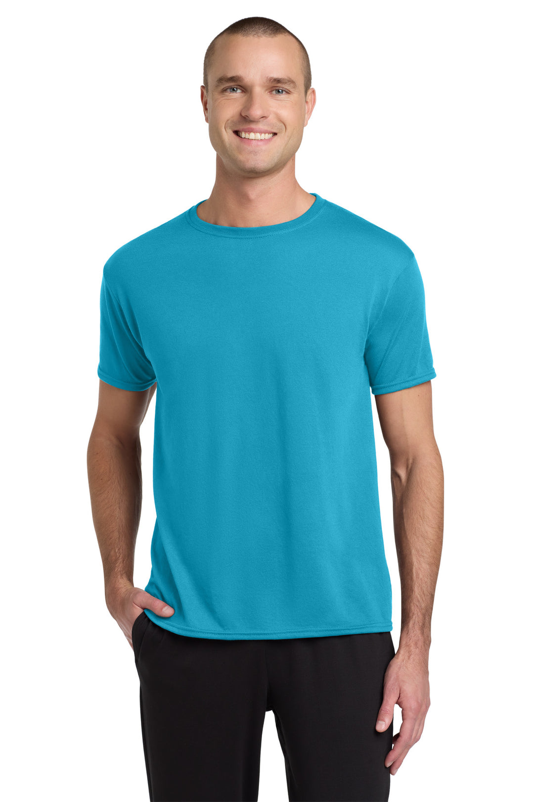 Front View of CaliBlue Jerzees Dri-Power 100% Polyester T-Shirt. 21M