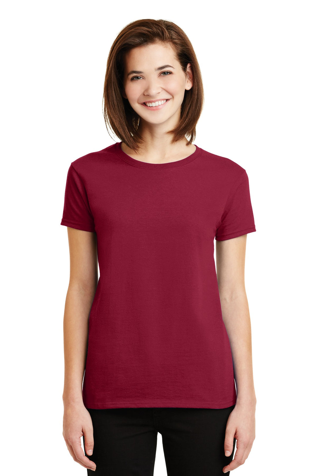 Front View of Cardinal Red Gildan Women's Ultra Cotton 100% US Cotton T-Shirt. 2000L