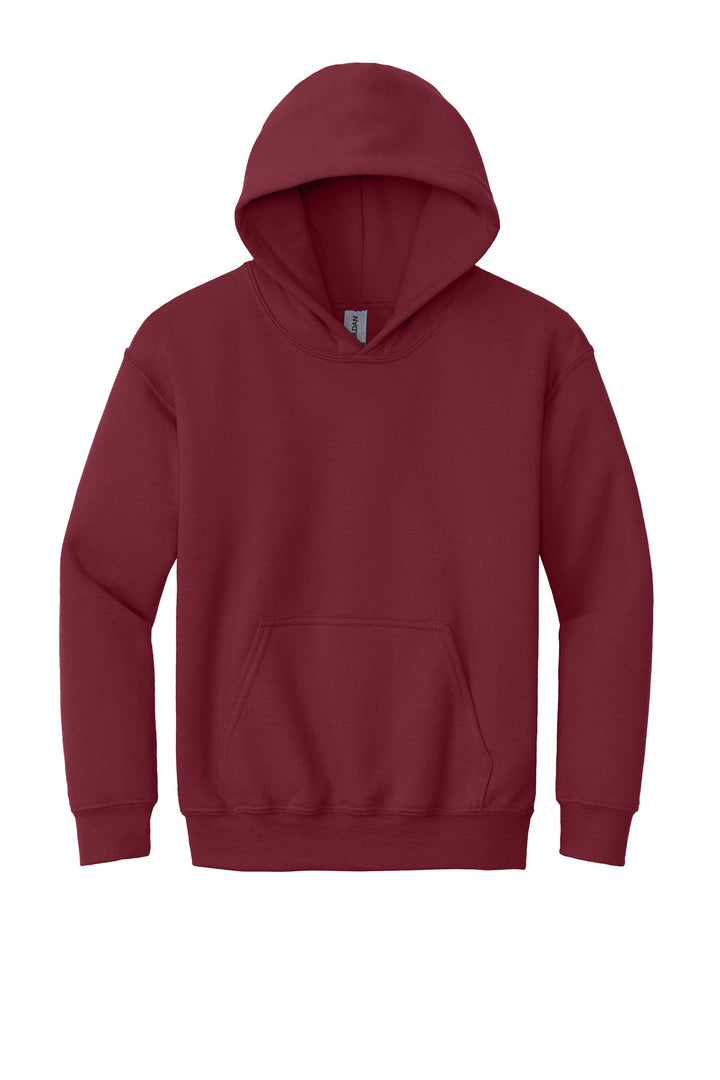 Front View of Cardinal Red Gildan - Youth Heavy Blend Hooded Sweatshirt. 18500B