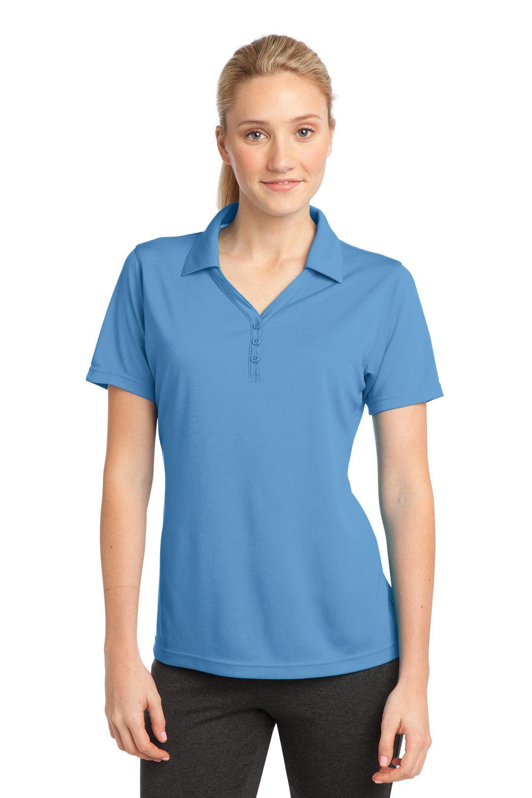 Front View of Carolina Blue Sport-Tek Women's PosiCharge Micro-Mesh Polo. LST680