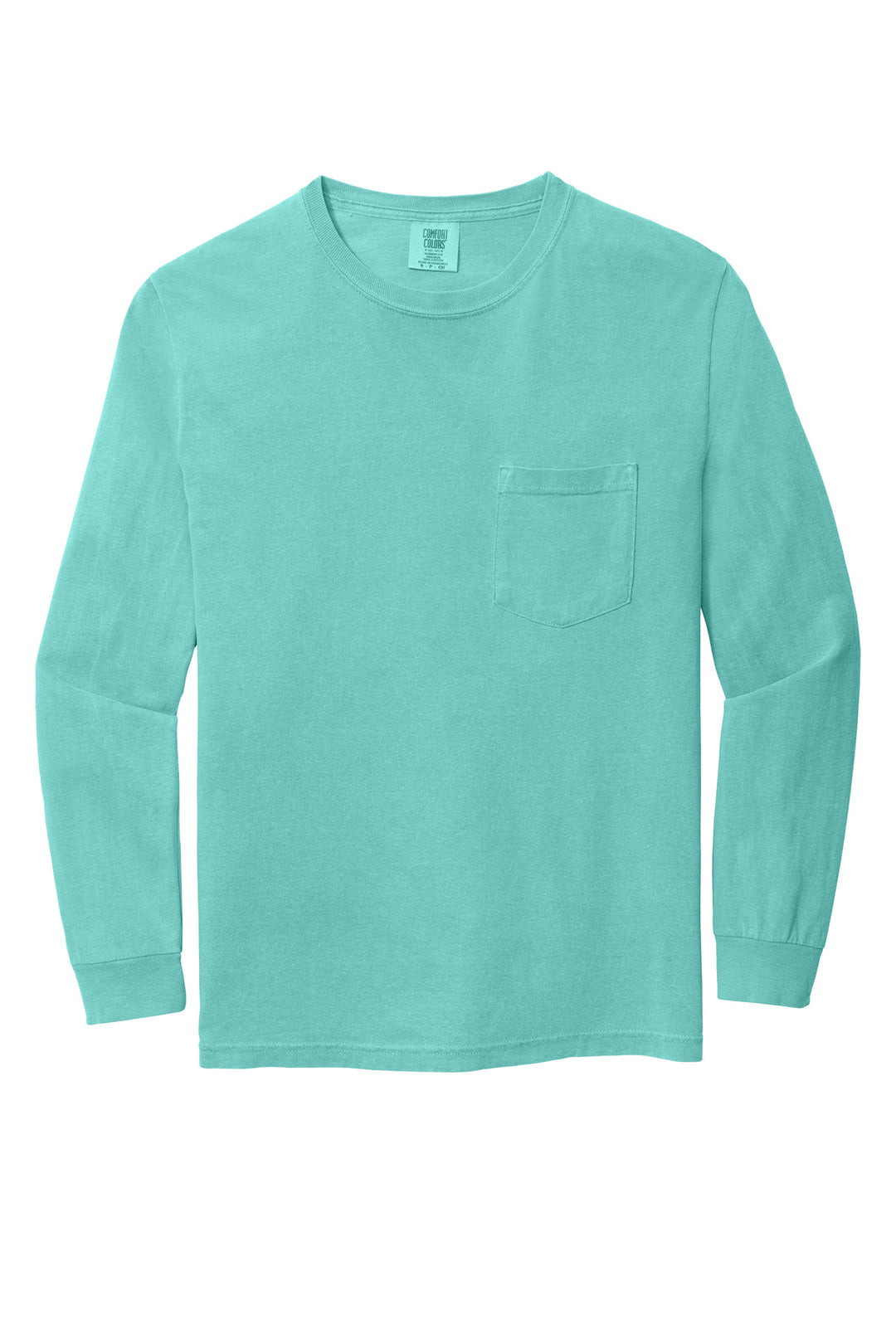 Front View of Chalky Mint COMFORT COLORS Heavyweight Ring Spun Long Sleeve Pocket Tee. 4410