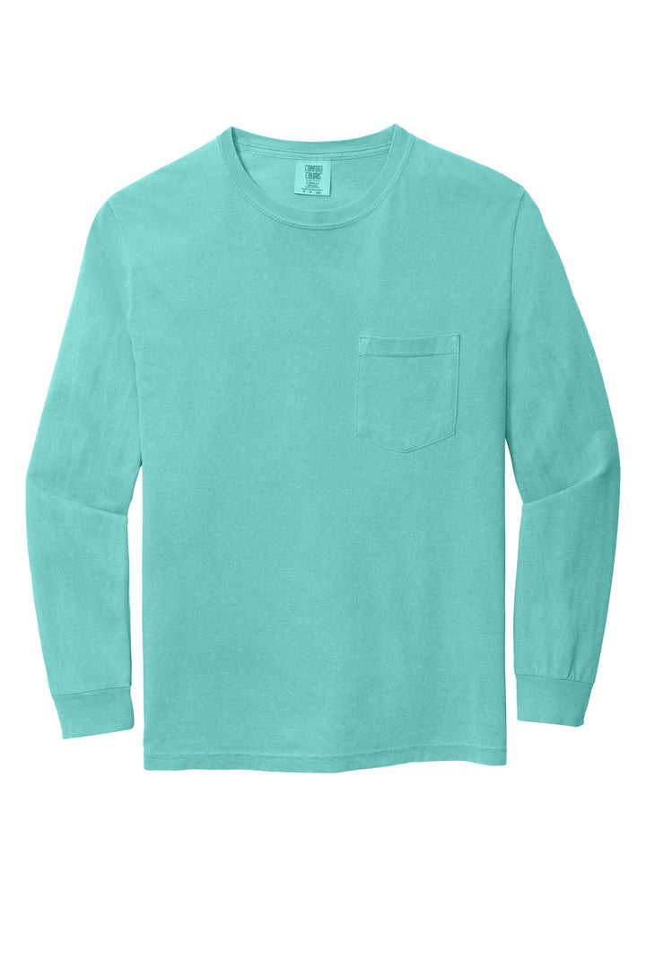 Front View of Chalky Mint COMFORT COLORS Heavyweight Ring Spun Long Sleeve Pocket Tee. 4410