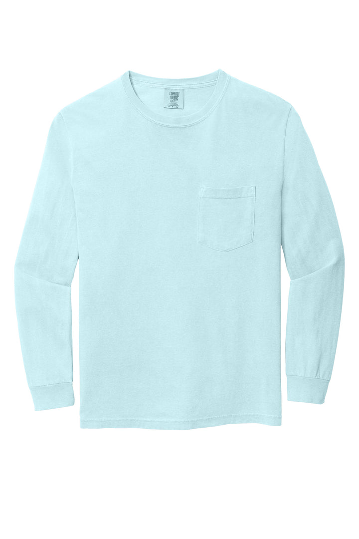 Front View of Chambray COMFORT COLORS Heavyweight Ring Spun Long Sleeve Pocket Tee. 4410