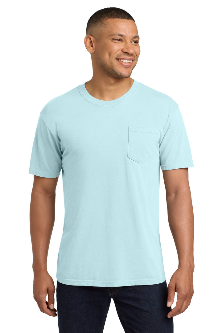 Front View of Chambray COMFORT COLORS Heavyweight Ring Spun Pocket Tee. 6030