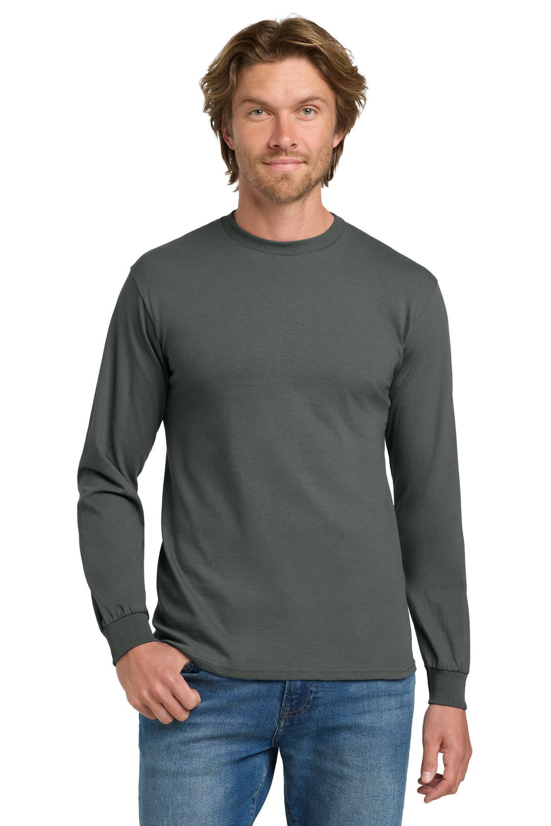 Front View of Charcoal Gildan - Heavy Cotton 100% Cotton Long Sleeve T-Shirt. 5400
