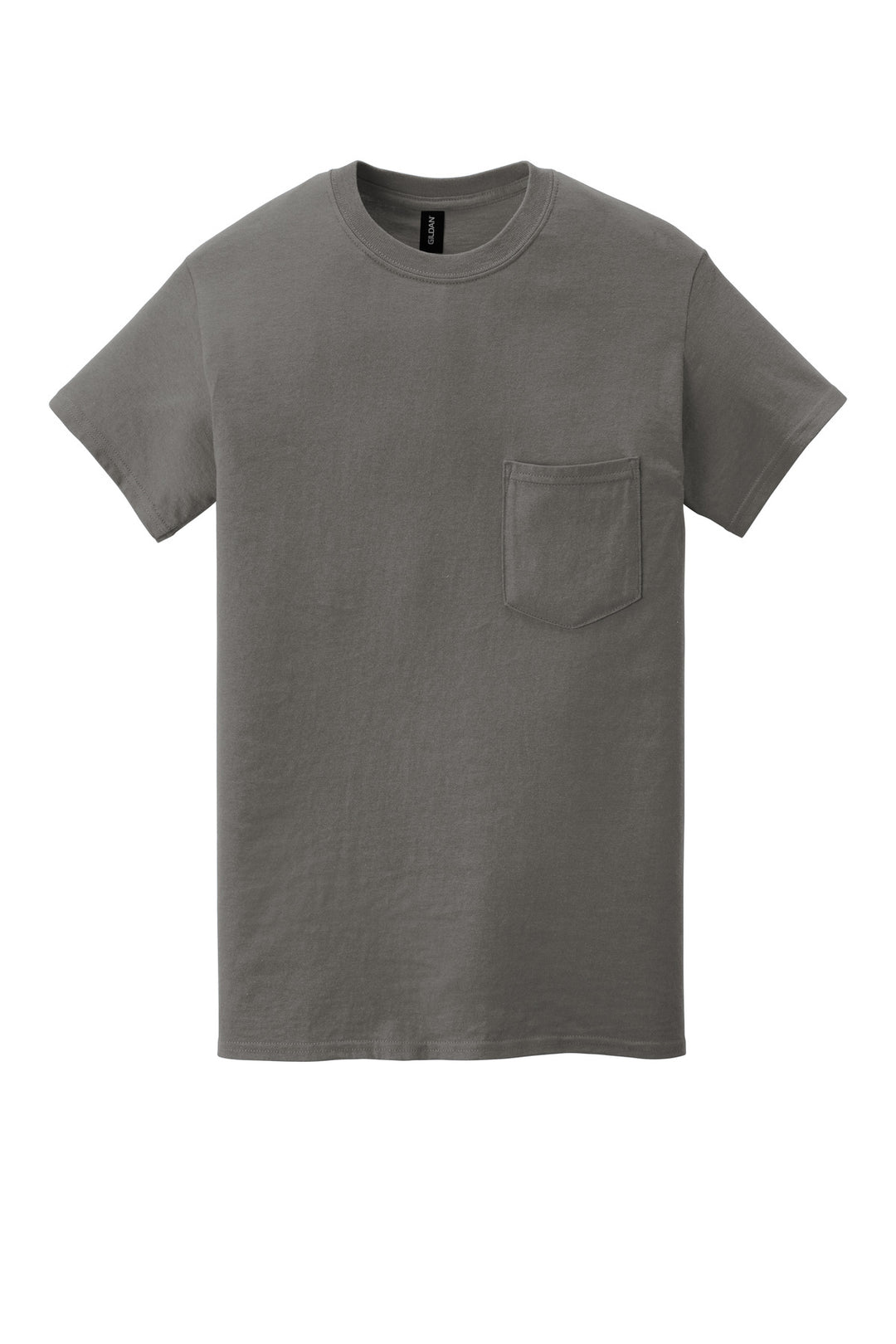 Front View of Charcoal Gildan Heavy Cotton 100% Cotton Pocket T-Shirt. 5300