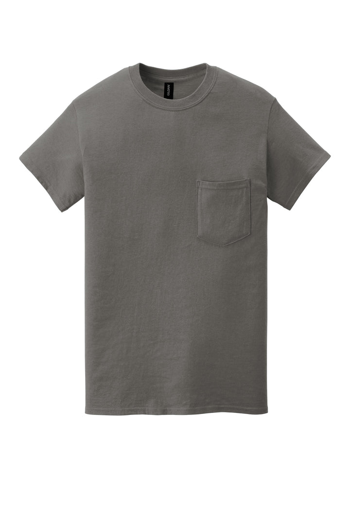 Front View of Charcoal Gildan Heavy Cotton 100% Cotton Pocket T-Shirt. 5300