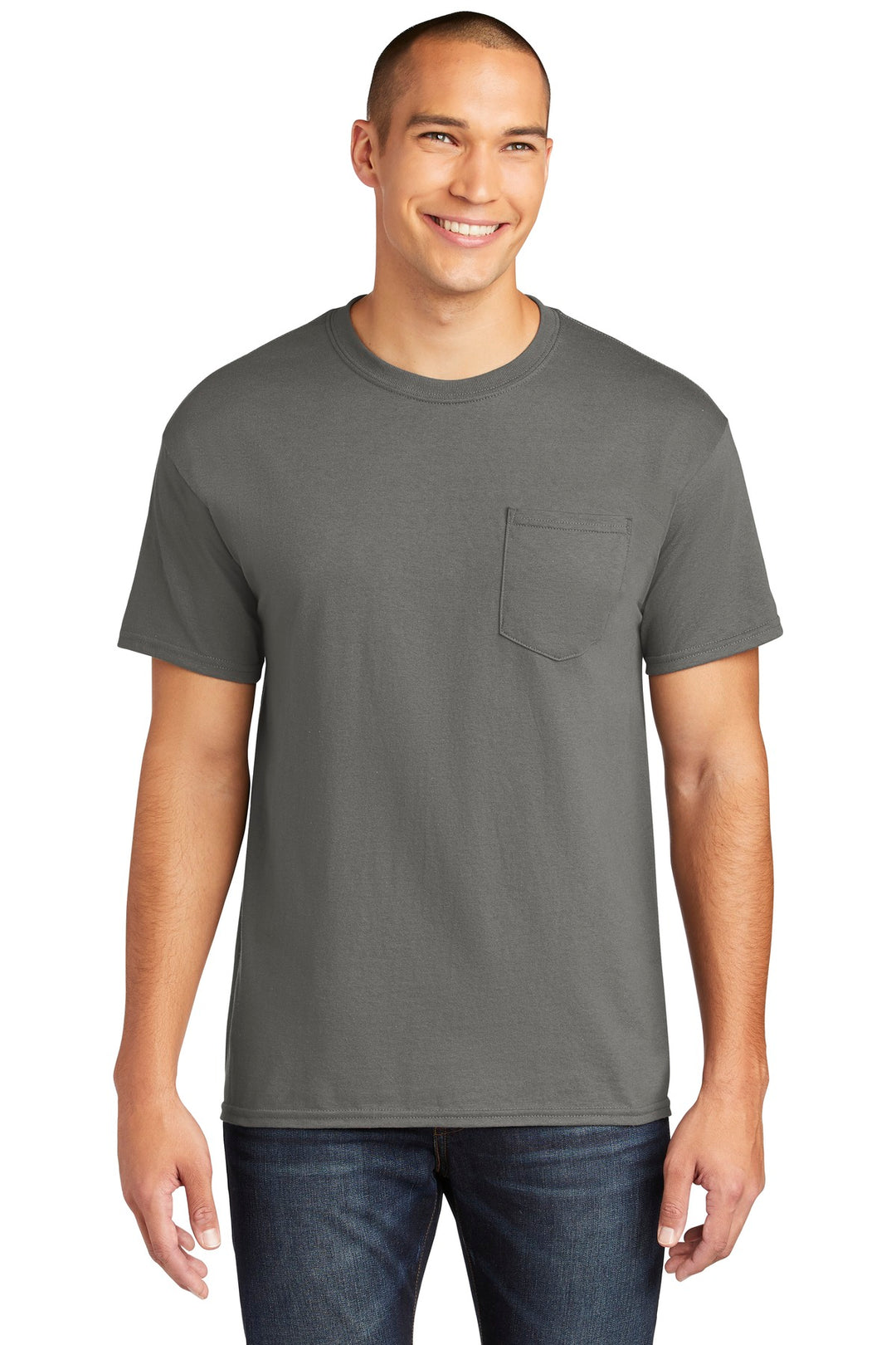 Front View of Charcoal Gildan Heavy Cotton 100% Cotton Pocket T-Shirt. 5300