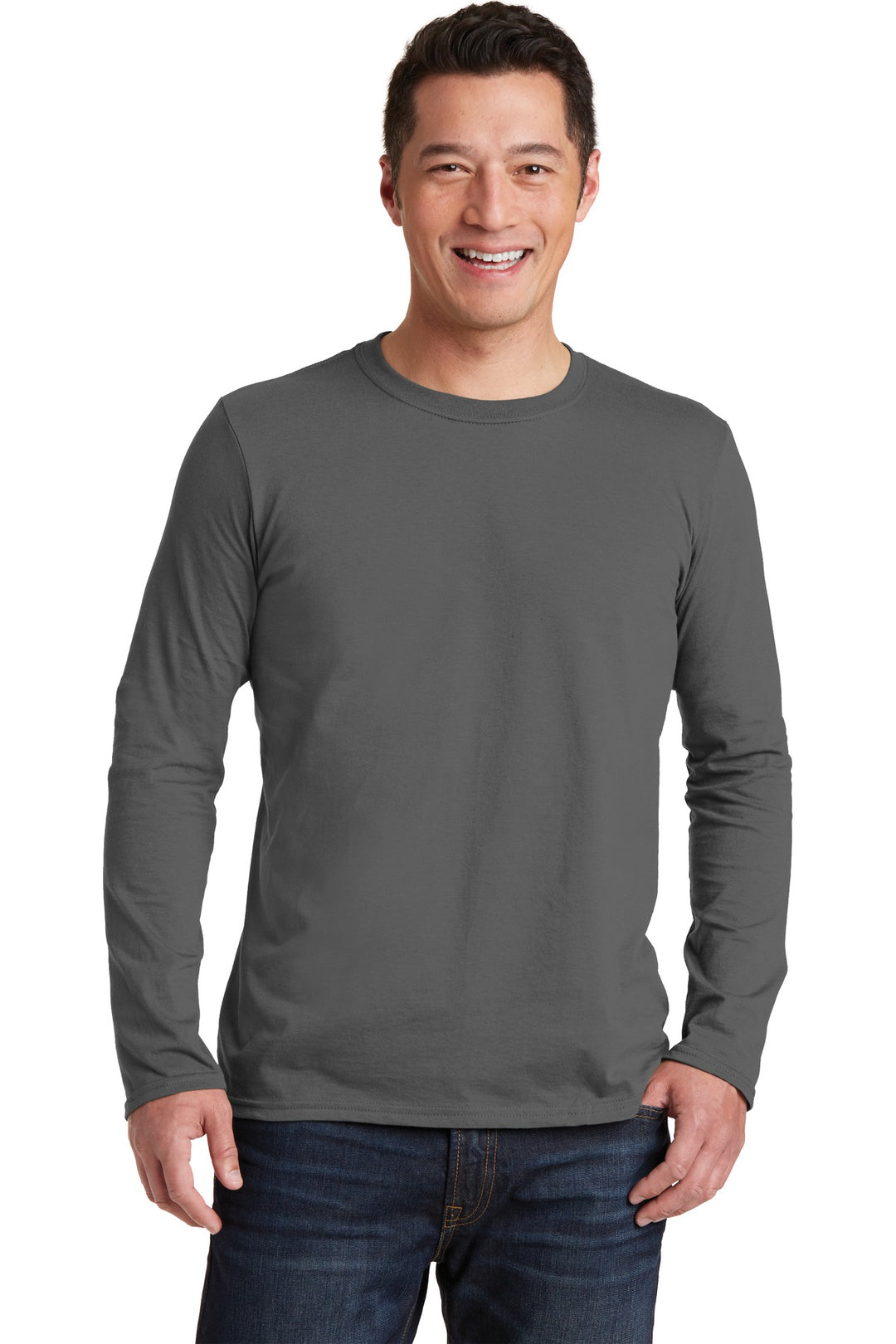 Front View of Charcoal Gildan Softstyle Long Sleeve T-Shirt. 64400