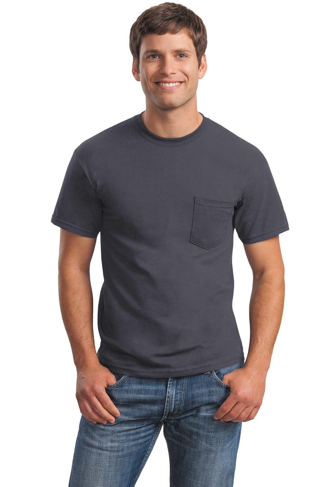 Front View of Charcoal Gildan - Ultra Cotton 100% US Cotton T-Shirt with Pocket. 2300