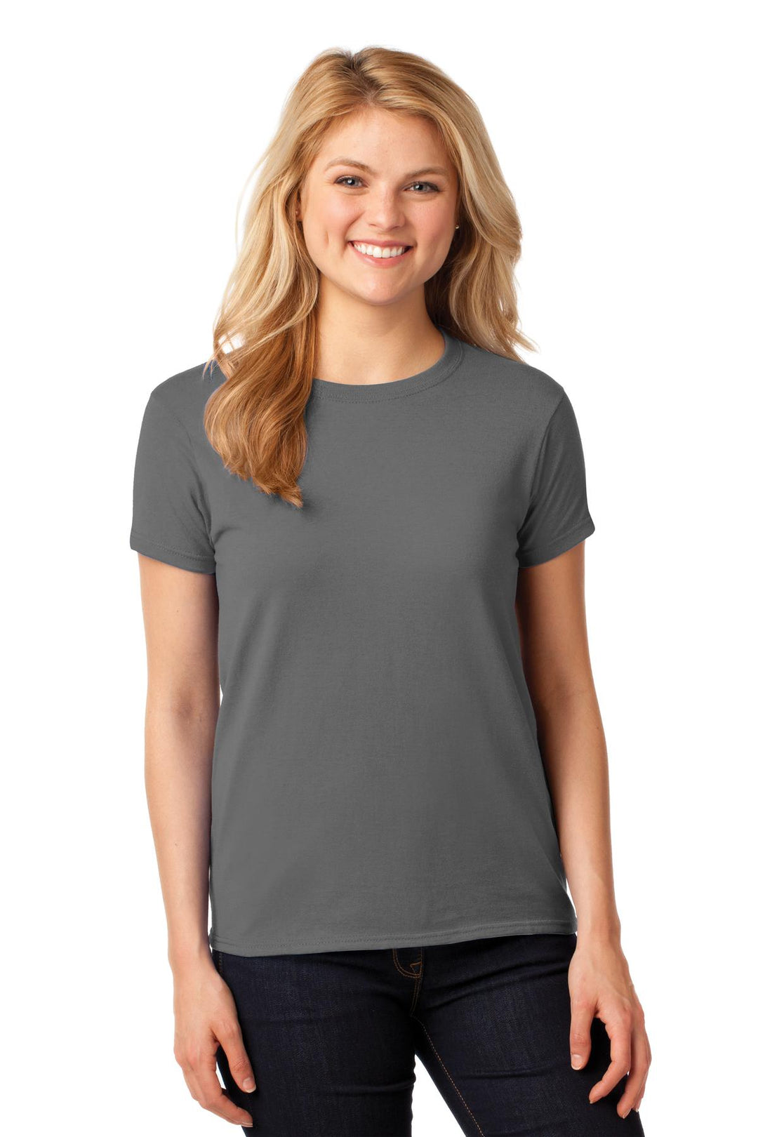 Front View of Charcoal Gildan Women's Heavy Cotton 100% Cotton T-Shirt. 5000L