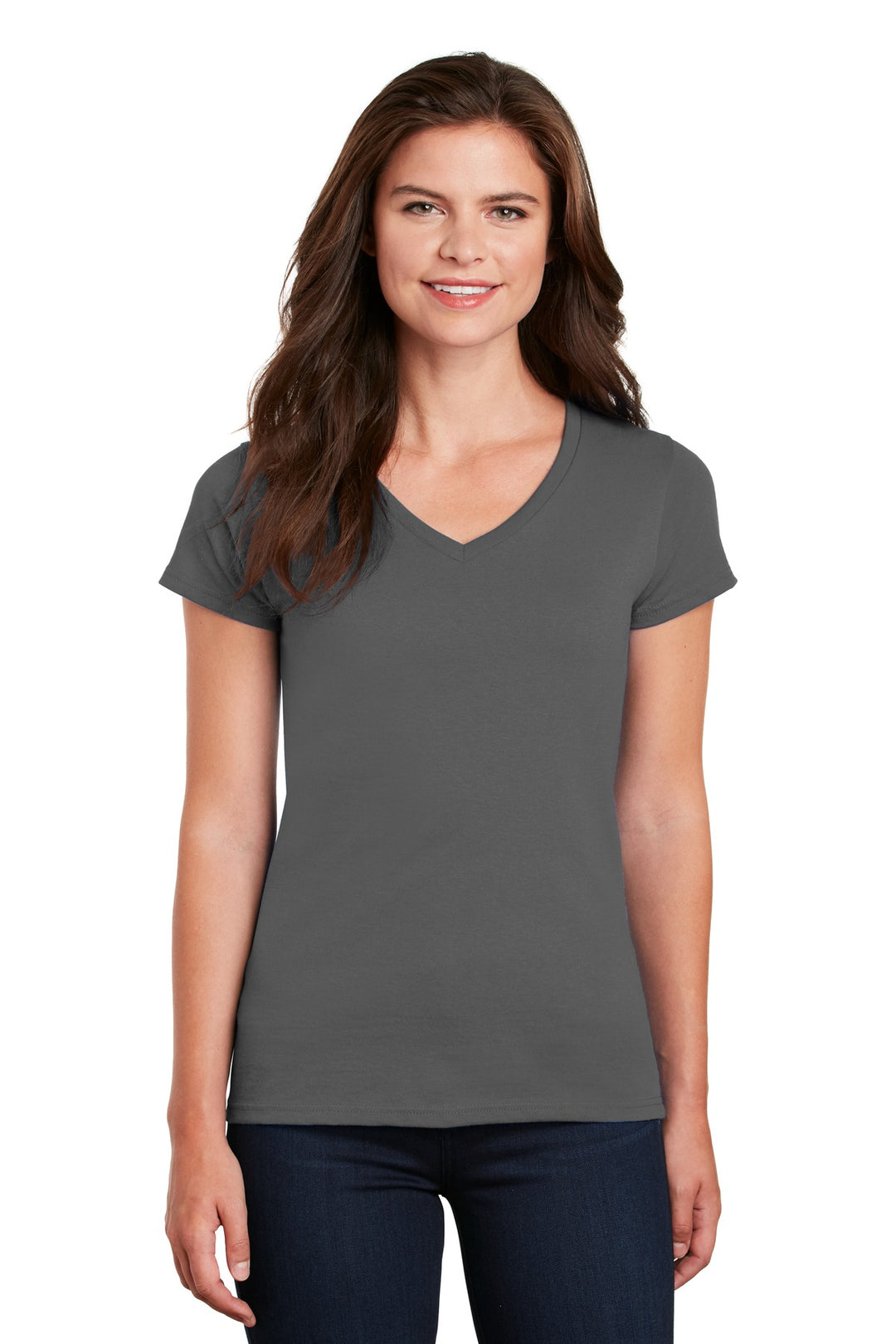 Front View of Charcoal Gildan Women's Heavy Cotton 100% Cotton V-Neck T-Shirt. 5V00L