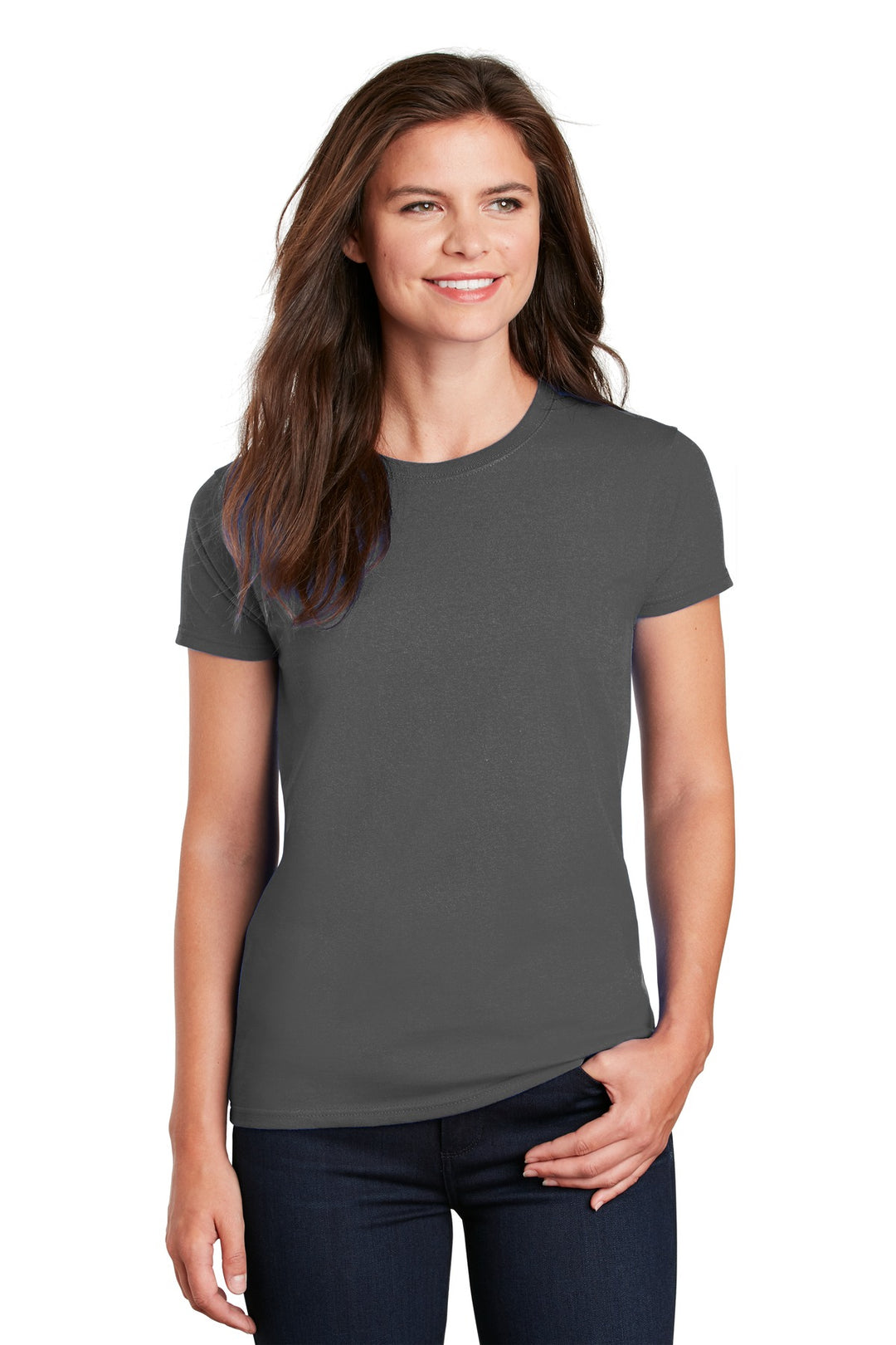 Front View of Charcoal Gildan Women's Ultra Cotton 100% US Cotton T-Shirt. 2000L