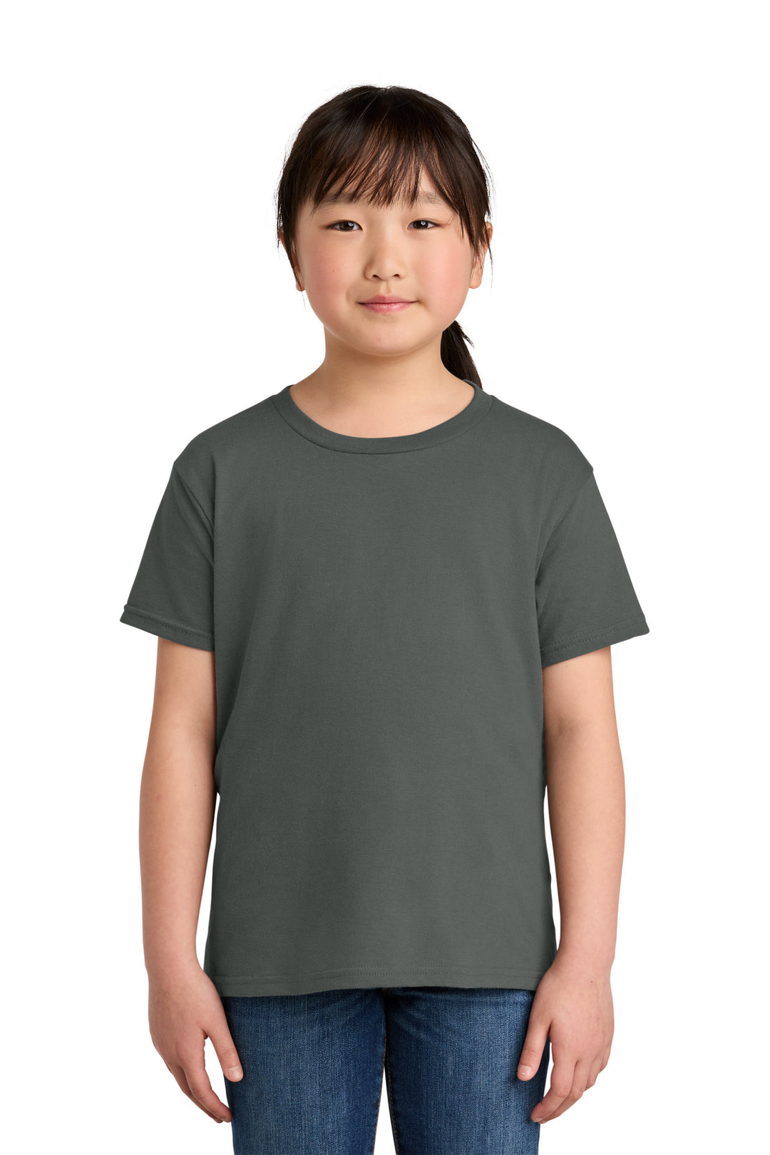 Front View of Charcoal Gildan Youth Softstyle T-Shirt 64000B