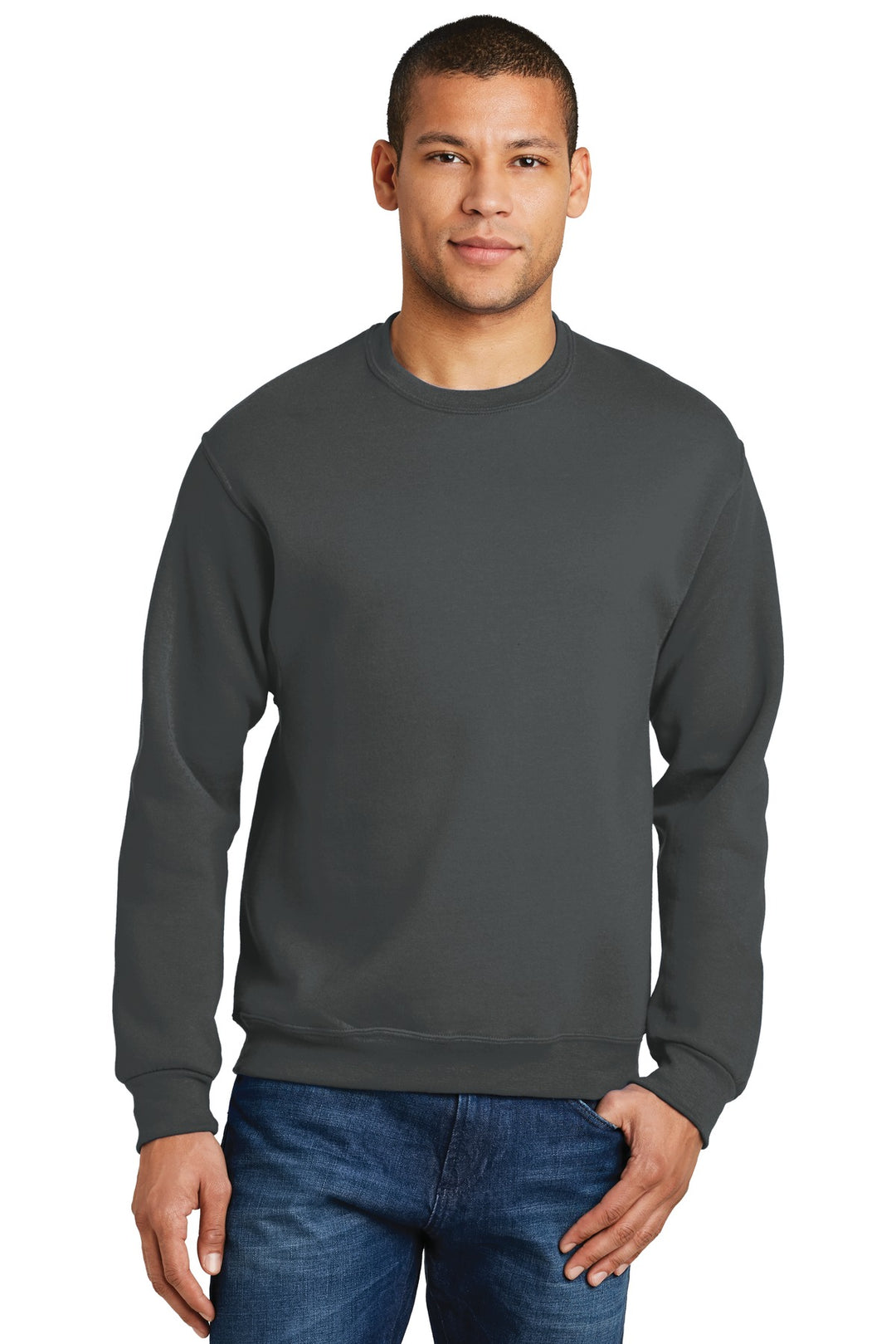 Front View of Charcoal Grey Jerzees - NuBlend Crewneck Sweatshirt. 562M