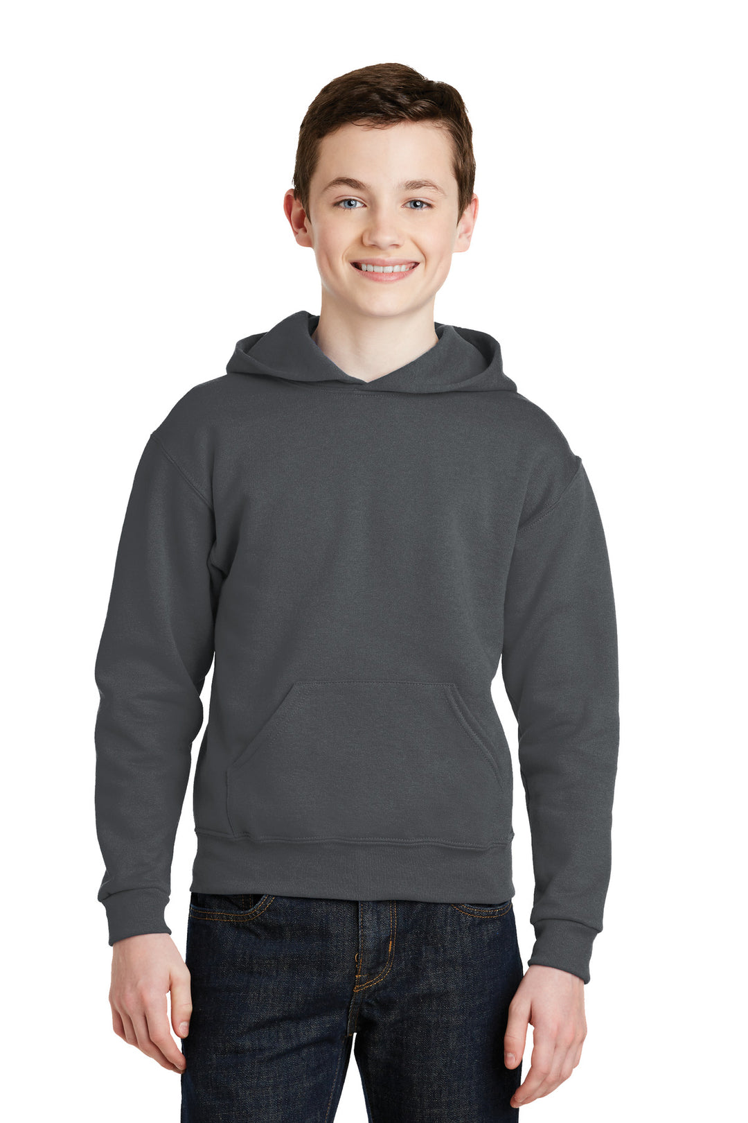 Front View of Charcoal Grey Jerzees - Youth NuBlend Pullover Hooded Sweatshirt. 996Y
