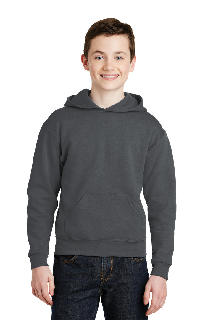 Front View of Charcoal Grey Jerzees - Youth NuBlend Pullover Hooded Sweatshirt. 996Y