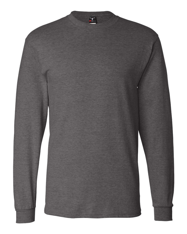 Front View of Charcoal Heather Beefy-T® Long Sleeve T-Shirt - 5186