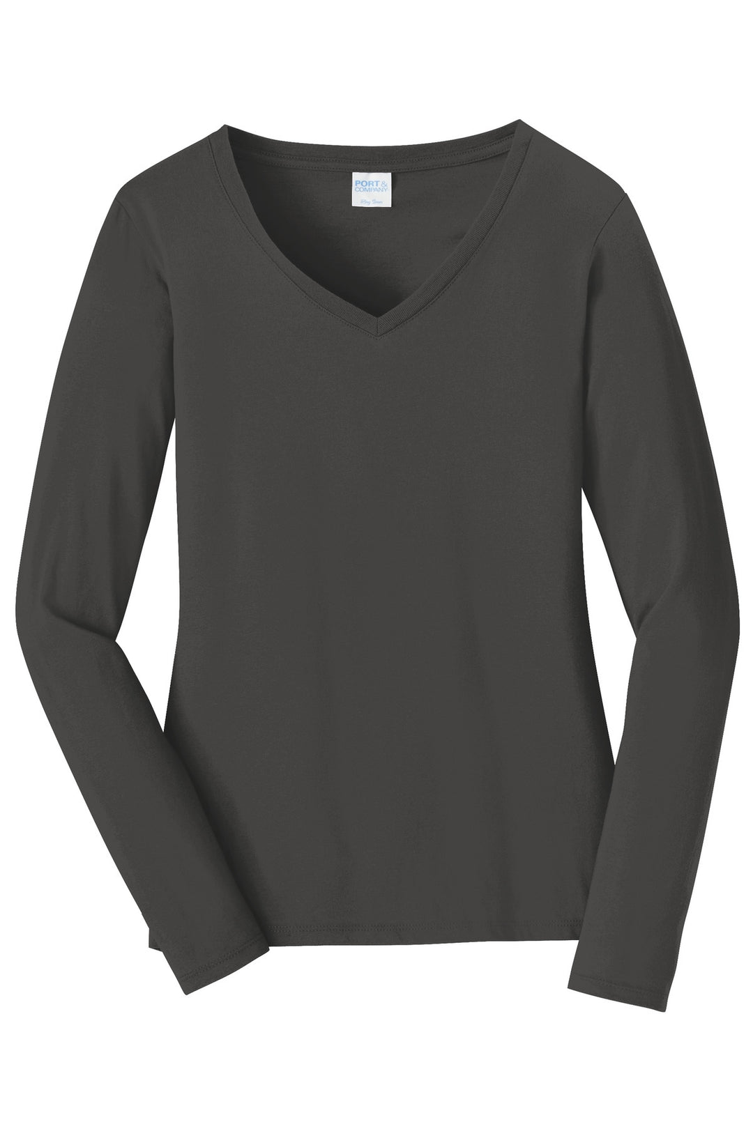 Front View of Charcoal Port & Company Women's Long Sleeve Fan Favorite V-Neck Tee. LPC450VLS