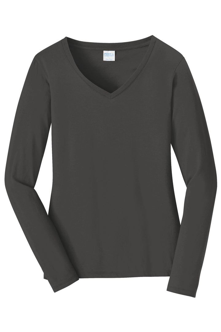 Front View of Charcoal Port & Company Women's Long Sleeve Fan Favorite V-Neck Tee. LPC450VLS