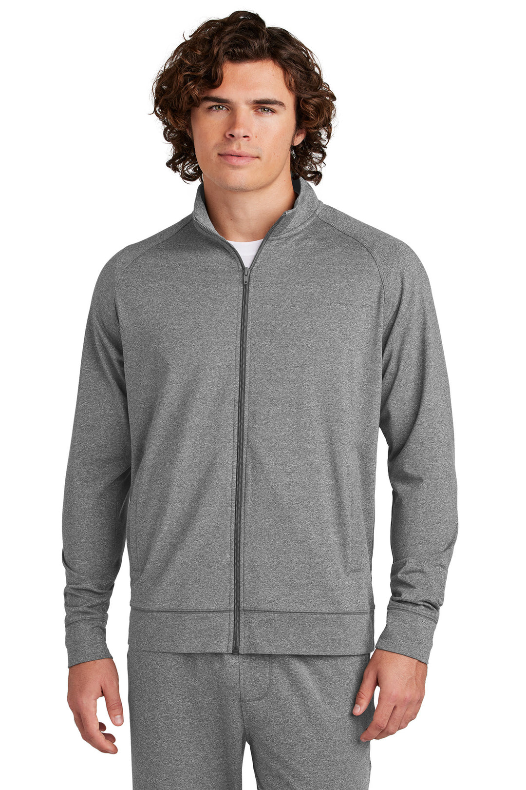 Front View of CharGreyHt Sport-Tek Sport-Wick Stretch Full-Zip Cadet Jacket ST857