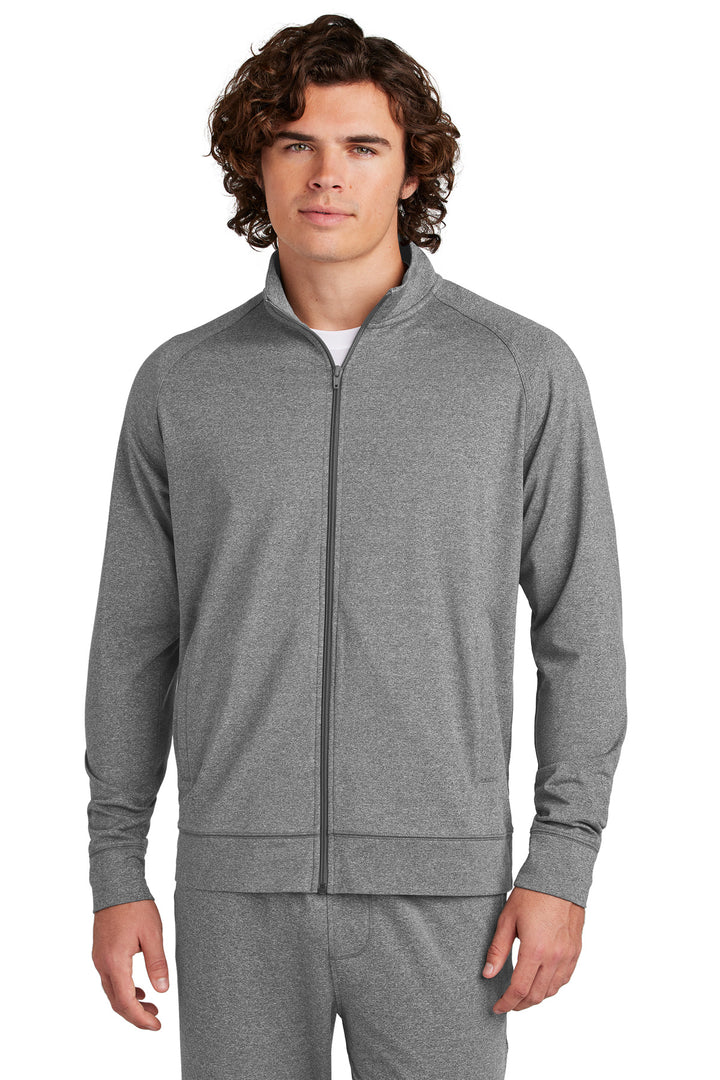 Front View of CharGreyHt Sport-Tek Sport-Wick Stretch Full-Zip Cadet Jacket ST857