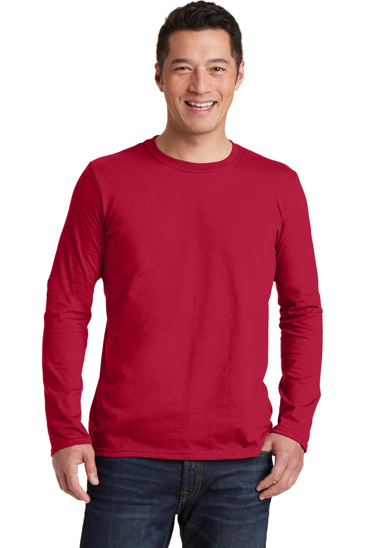 Front View of Cherry Red Gildan Softstyle Long Sleeve T-Shirt. 64400