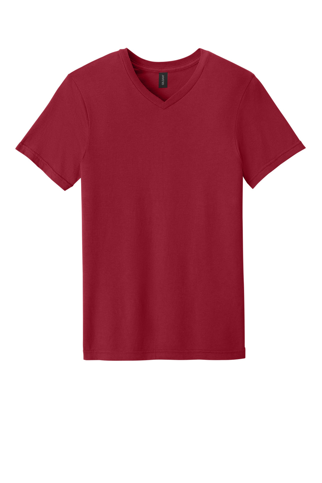 Front View of Cherry Red Gildan Softstyle V-Neck T-Shirt. 64V00