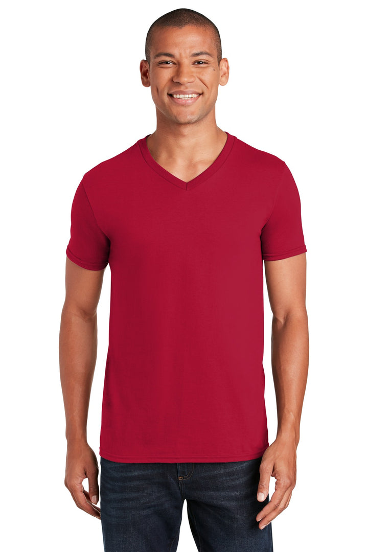 Front View of Cherry Red Gildan Softstyle V-Neck T-Shirt. 64V00