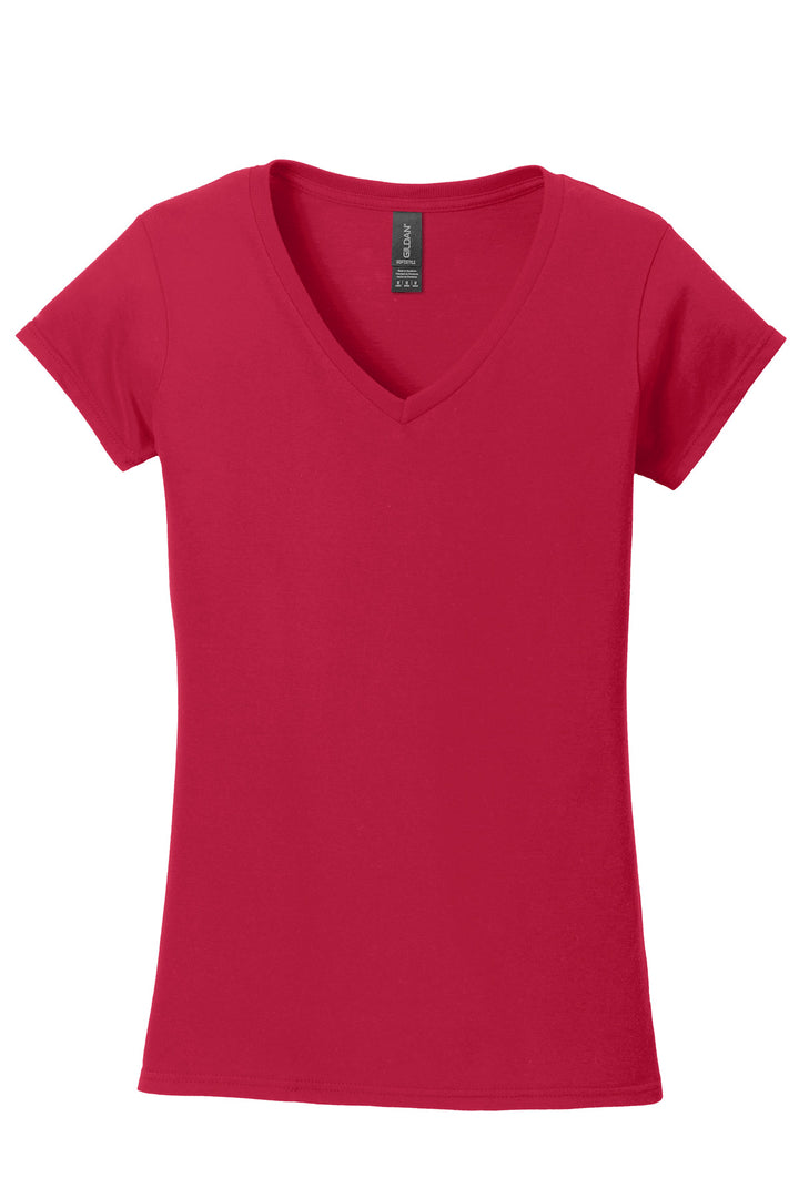 Front View of Cherry Red Gildan Softstyle Women's Fit V-Neck T-Shirt. 64V00L