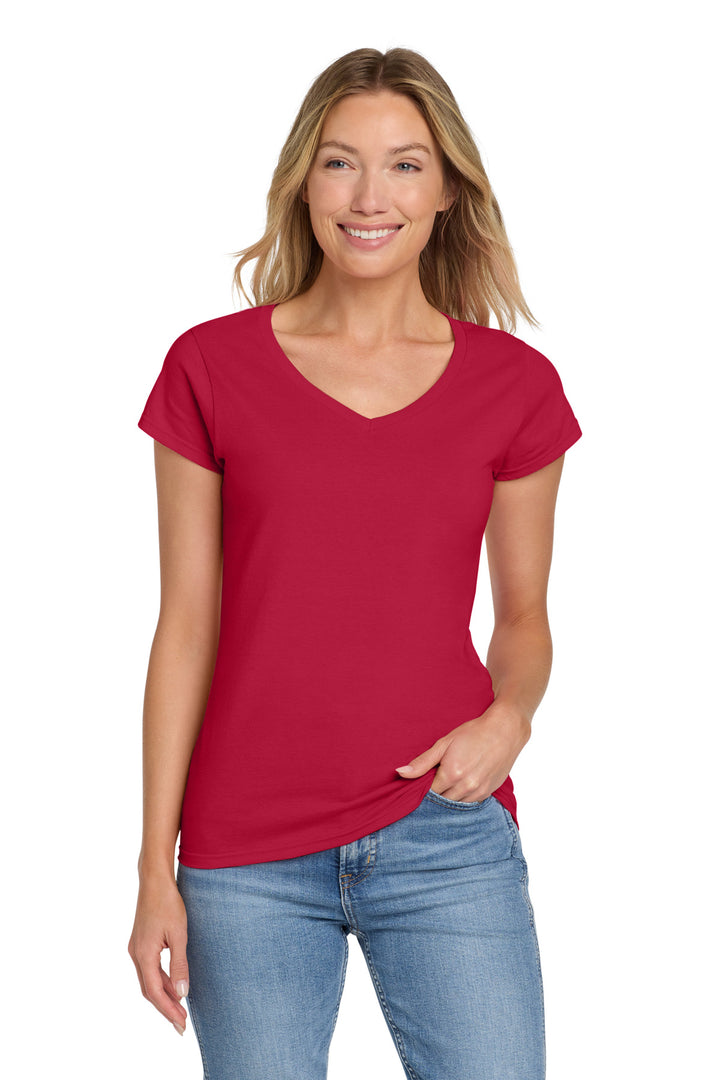 Front View of Cherry Red Gildan Softstyle Women's Fit V-Neck T-Shirt. 64V00L